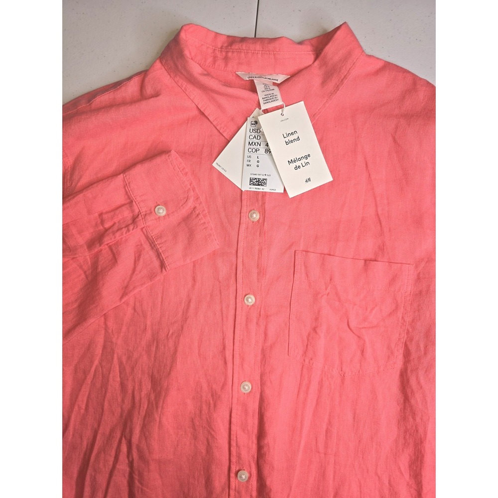 H&M Women's Large Long Sleeve Pink Shirt Linen Blend NWT Classic -401‎